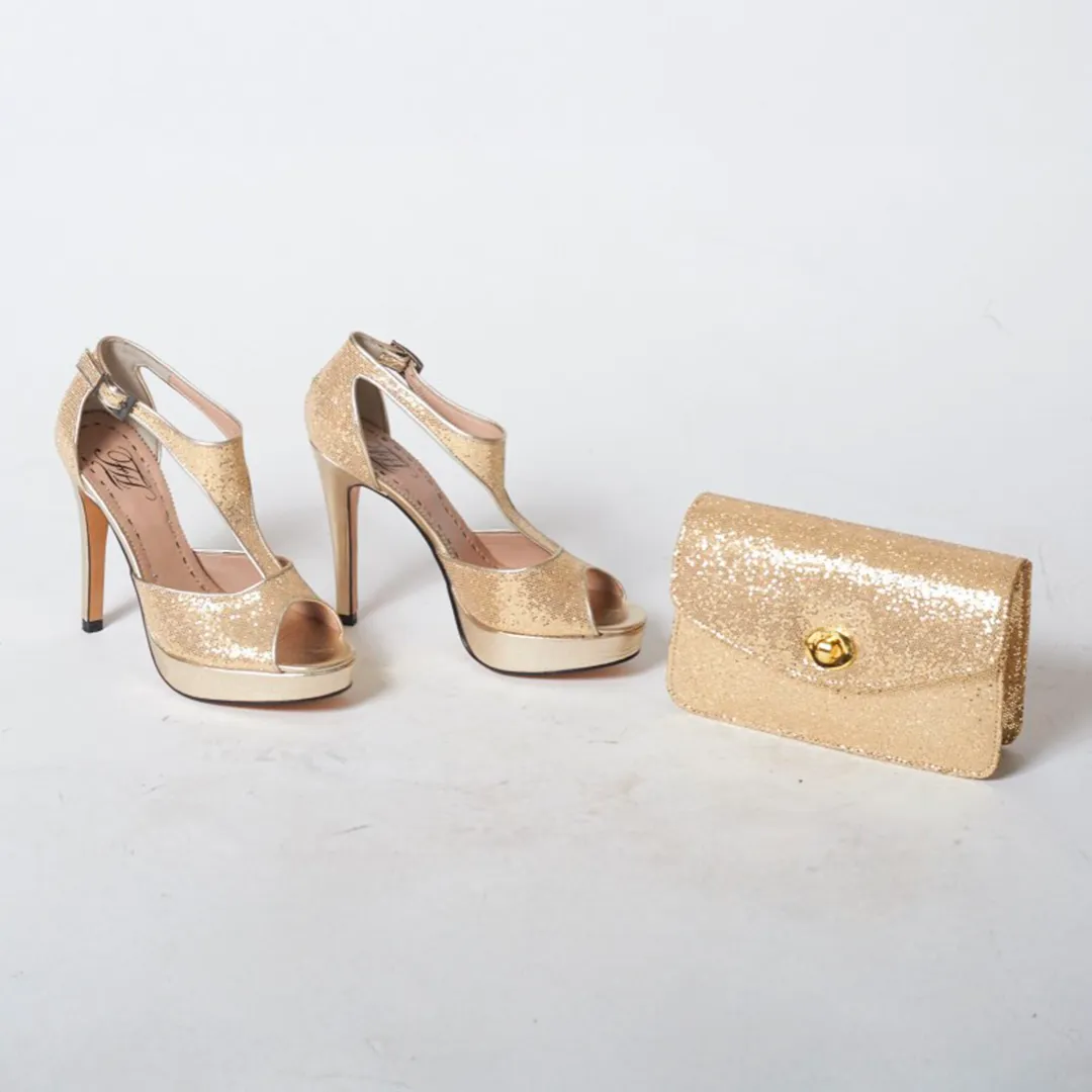 Clarili Fiestas Sandalias y Cartera de Litter Dorado